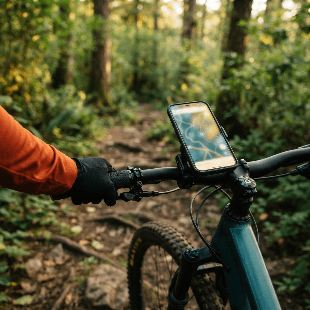 Smartphone fixe sur un guidon de VTT affichant la carte du parcours en foret