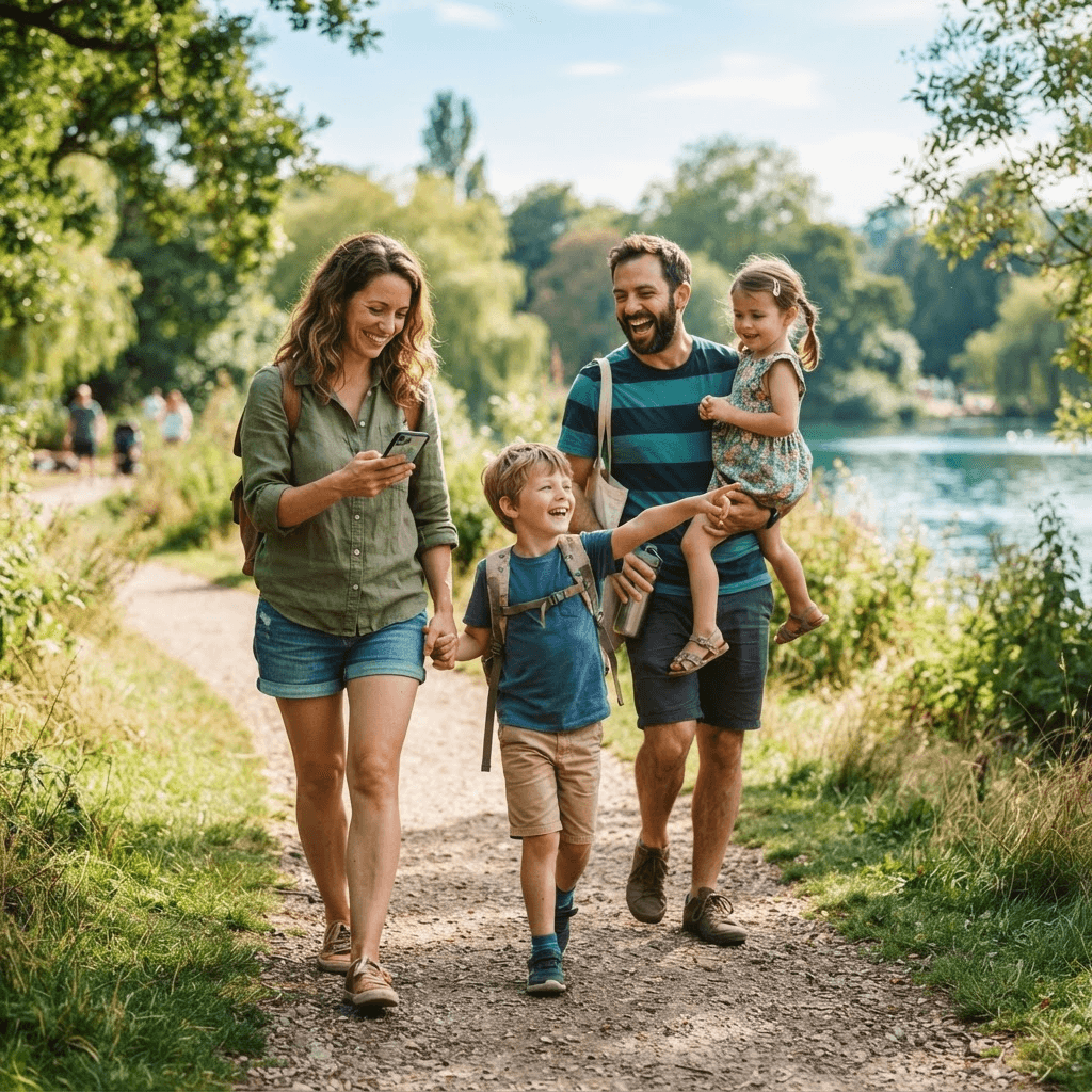 Famille avec enfants sur une chasse au tresor dans un parc au bord de l'eau