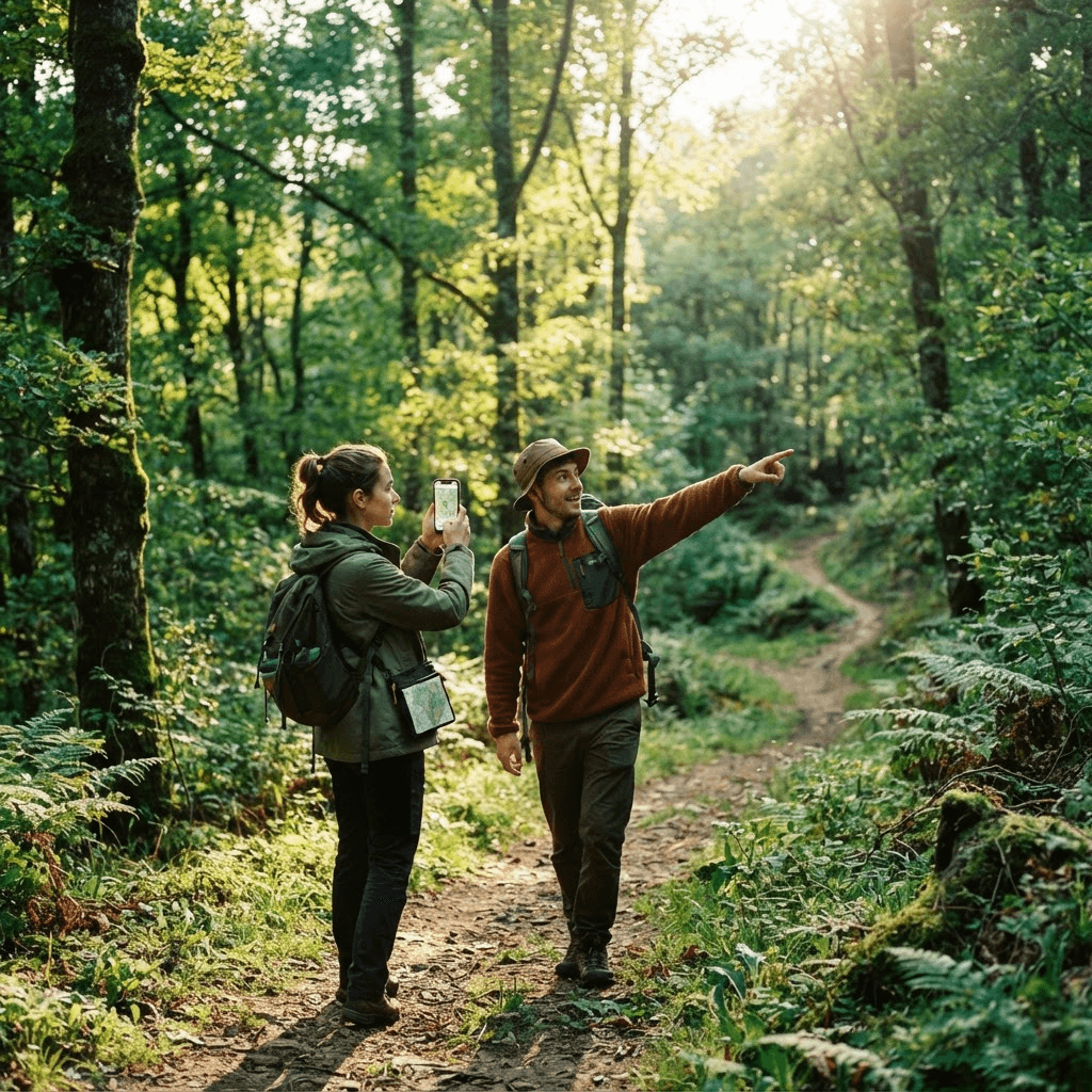 Zwei Spieler bei einem Orientierungslauf im Wald mit der EXPLORACE-App