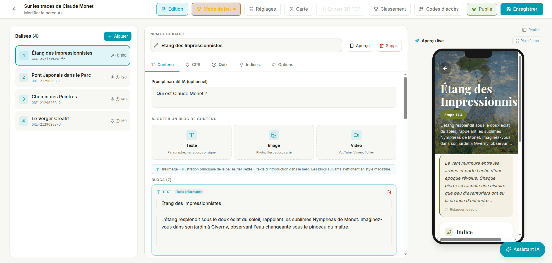 Tableau de bord web EXPLORACE : editeur de parcours avec balises, blocs de contenu et apercu live