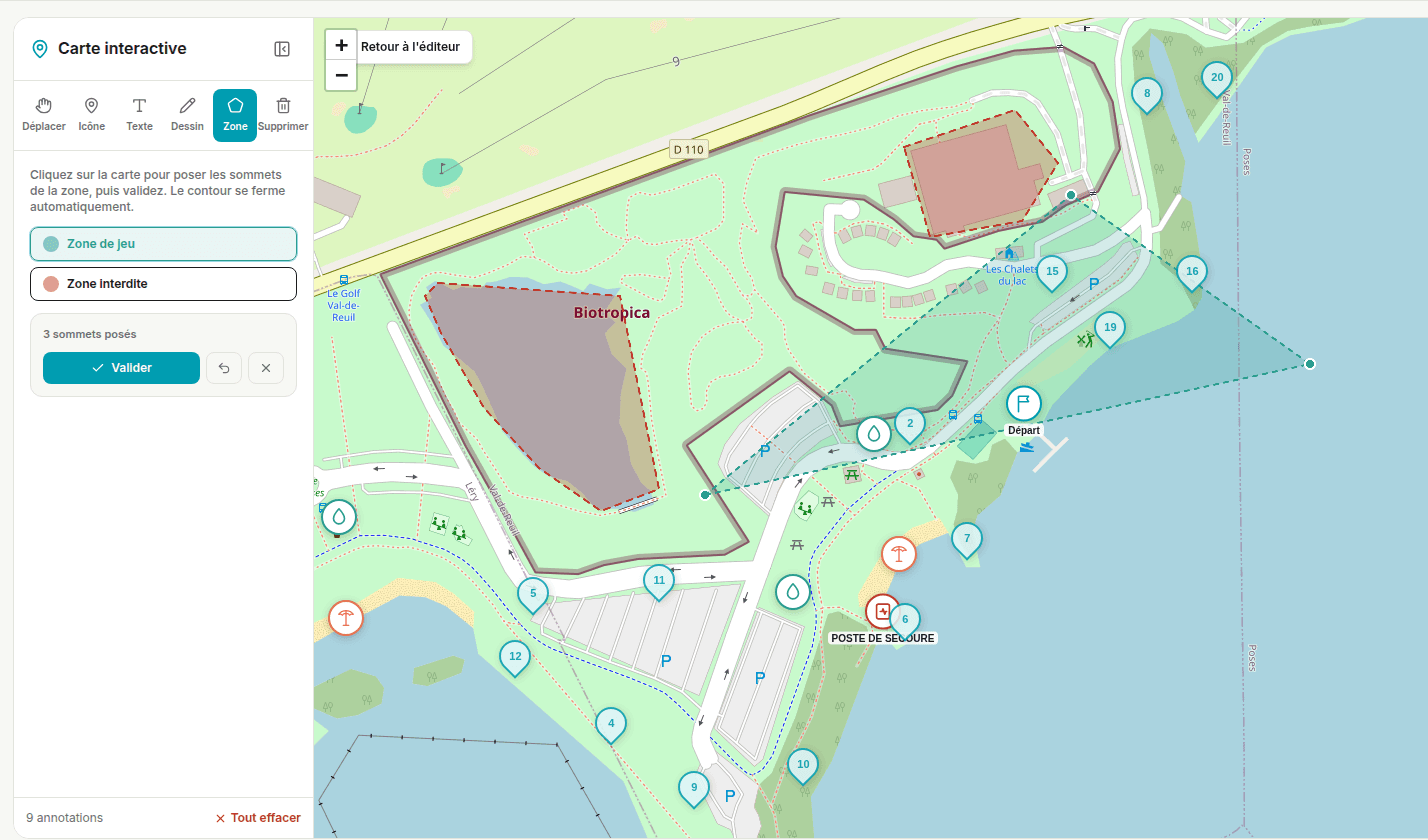 Editeur de carte interactive avec zones de jeu, zones interdites et balises numerotees