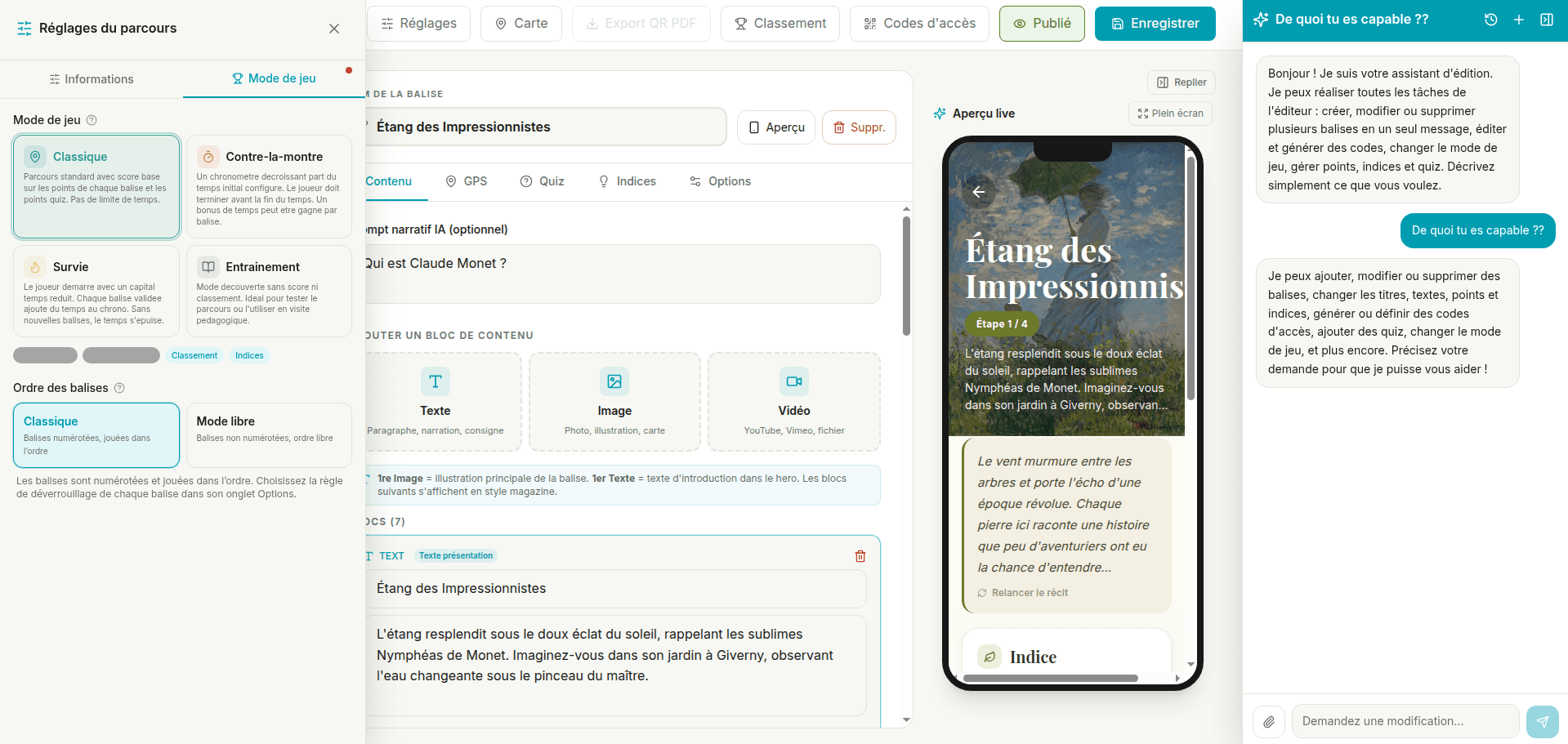 Assistant IA d'edition et modes de jeu dans le tableau de bord EXPLORACE