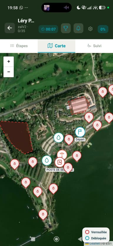 Carte satellite du parcours avec balises verrouillees et debloquees