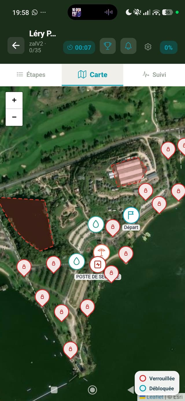 Carte satellite interactive avec balises verrouillees et debloquees