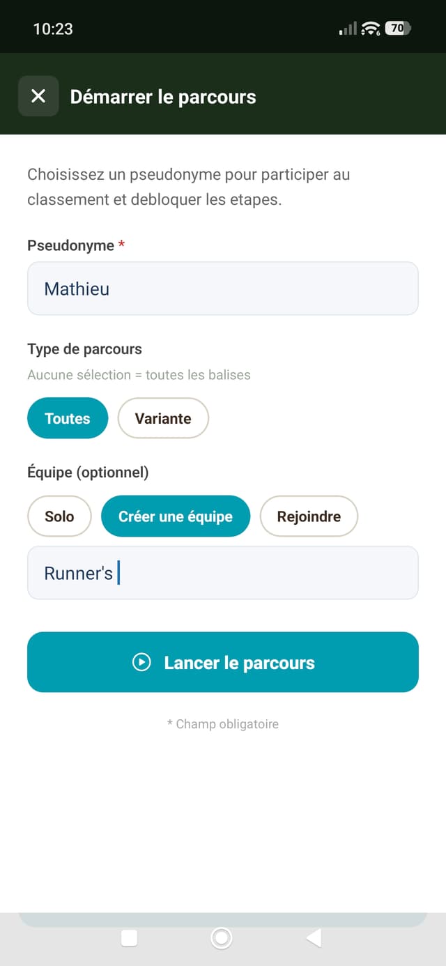 Ecran de lancement du parcours avec choix d'equipe