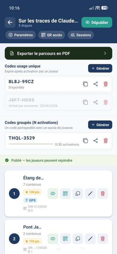 Edition d'un parcours avec codes d'acces